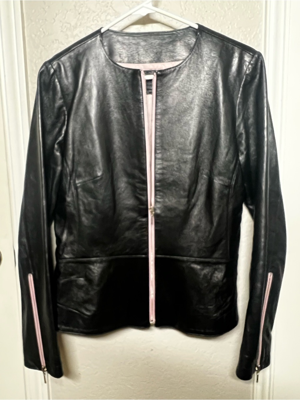 Black Leather Jacket with Pink Trim